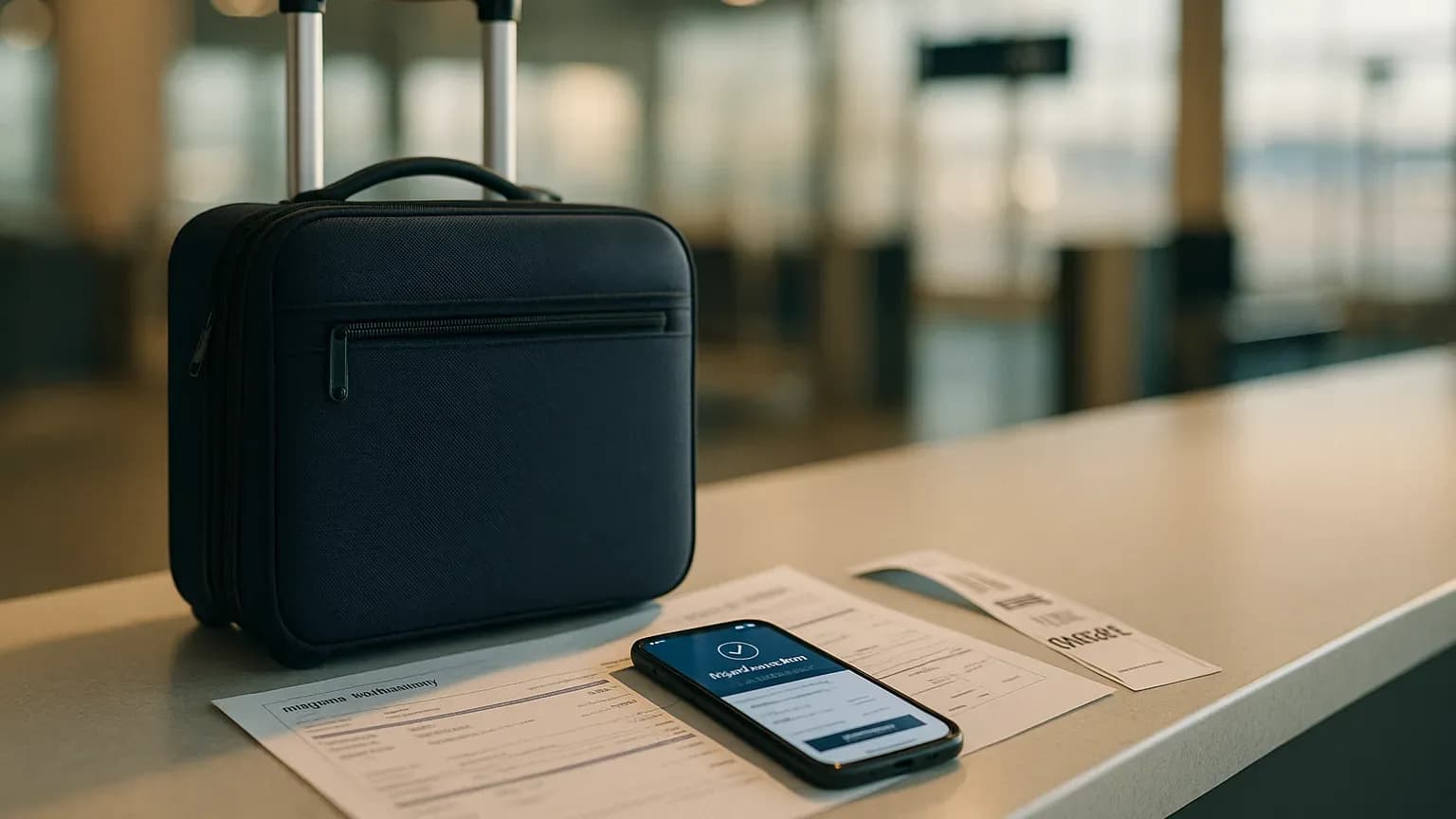 A traveler’s itinerary documents and luggage at an airport counter, suggesting that baggage allowance can depend on the ticketed route and airline rules.